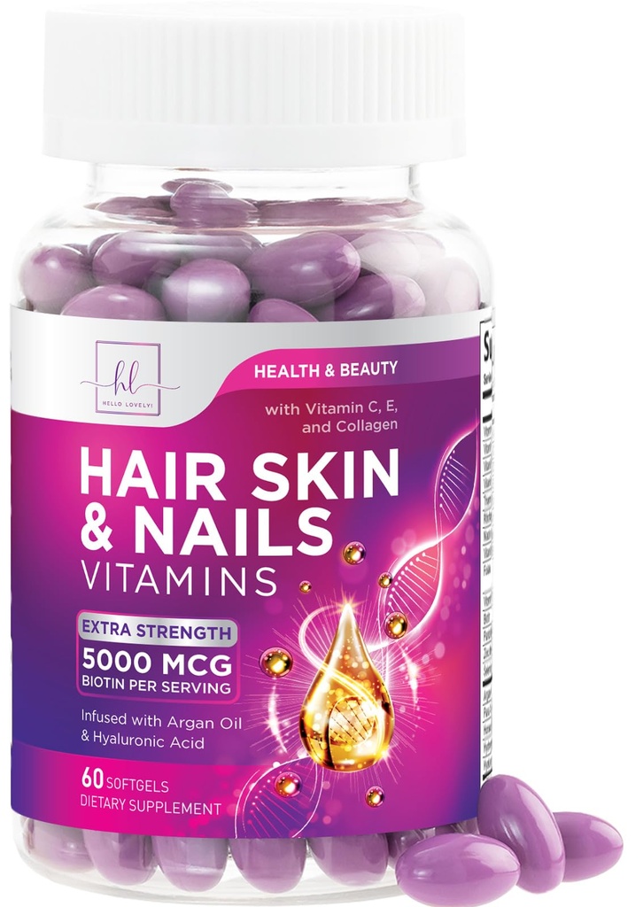 Saç, Skin & Nails for Women - Biotin 5000mcg to Support Hair Growth with Argan Oil, Collagen & Hyaluronic Acid, Beautiful, Güçlü Skin, Hair & Nails Supplement - 60 Softgels