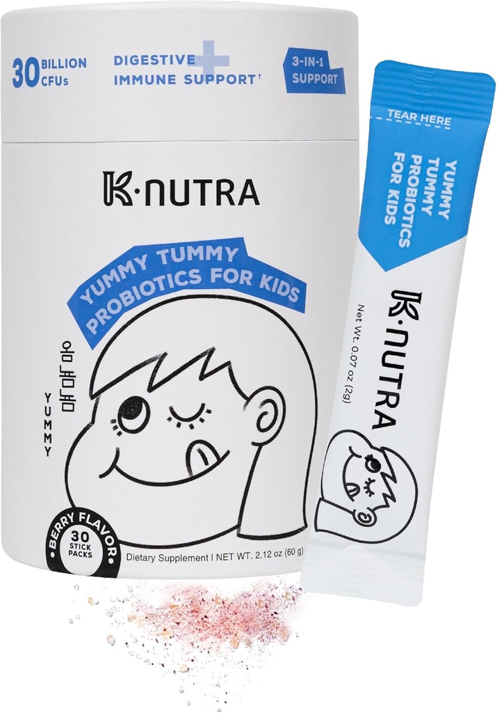 K-Nutra Yummy Tummy Probiyotiks for Kids | 212oz (30 Sticks) | 3in-1 Prebiyotik & Probiyotik Toz | 30 Milyar CFUs | Klinik Olarak Test Edildi | Destekler Digestive & Immune Health | for Ages 3+