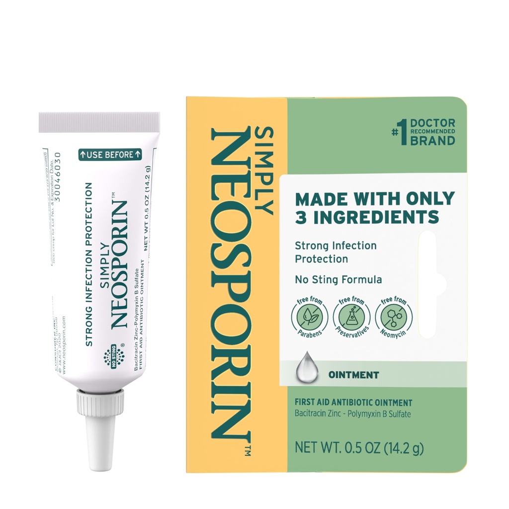 Neosporin Απλά Φόρμουλα 3-Συστατικό πρώτης βοηθείας Αντιβιοτική Αλοιφή και θεραπεία τραύματος με Bacitracin Ψευδάργυρος και πολυμυξίνη Β θειικό, συντηρητικό-, Paraben- και Neomycin-free, 0,5 oz