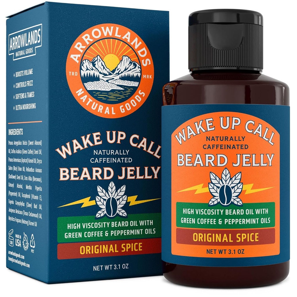 Wake Up Call Beard Jelly - Caffeine Beard Growth Oil with Virgin Green Coffee Oil & Peppermint, Natural Tiener ve Moisturizer (3.1oz, Original Spice Spice)