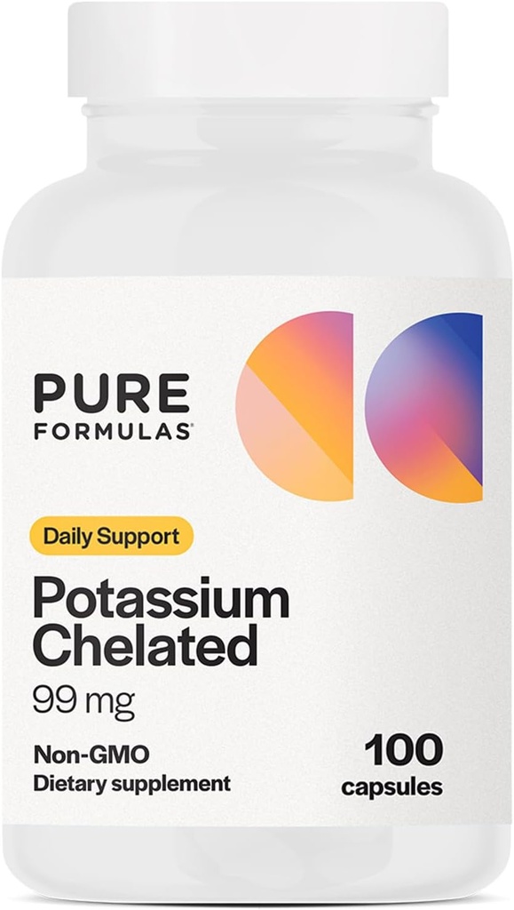 Συμπληρώματα καλίου PureFormulas Chelated 99 mg Υψηλής απορρόφησης καθαρής φόρμουλας καλίου για την ενέργεια, τα νεύρα, τους μυς, τα νεφρά, την καρδιά, και τη σκελετική υποστήριξη, μη ΓΤΟ - 100 κάψουλες χορτοφαγικών