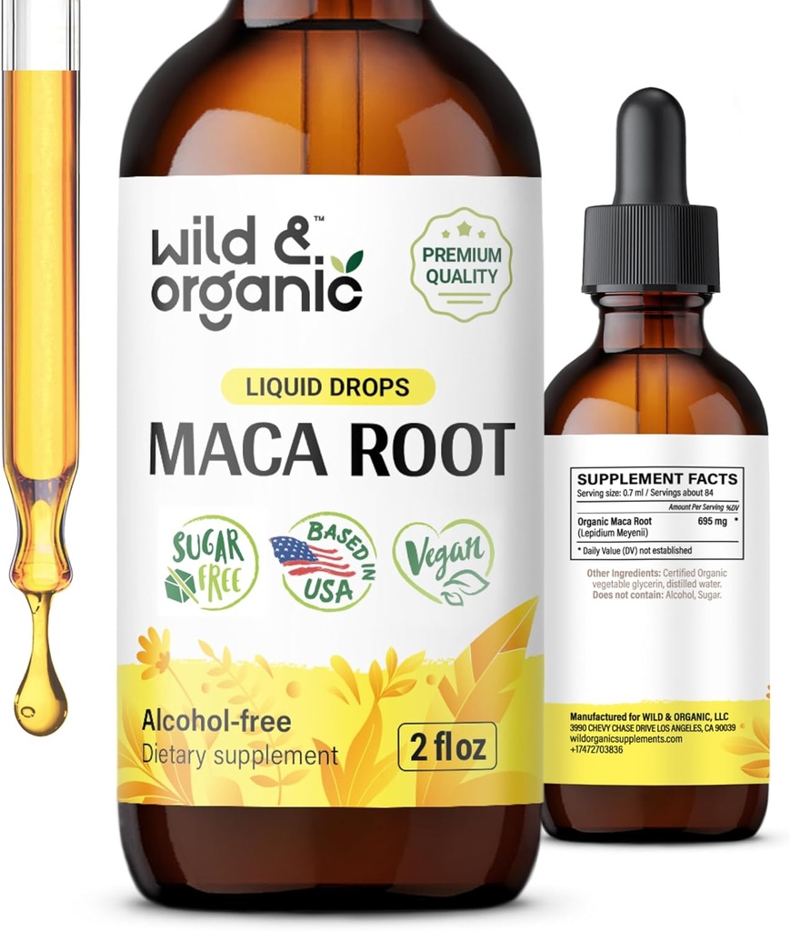 Wild & Organic Maca Root Drops for Women & Men - Mood, Focus, Active Lifestyle - Peruvian Maca Supplement - Vegan, Sugar & Alkol Ücretsiz Tincture - 2 fl ozz