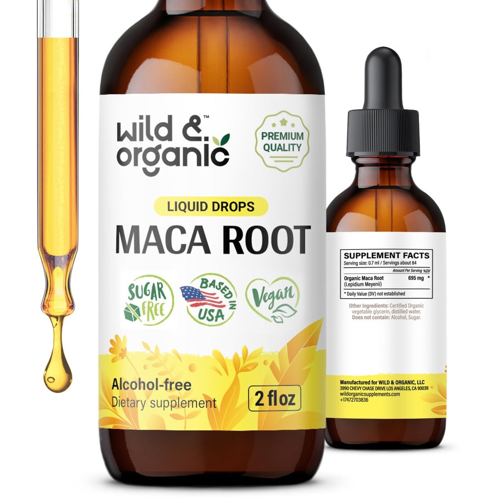 Wild & Organic Maca Root Drops for Women & Men - Mood, Focus, Active Lifestyle - Pervian Maca Supplement - Vegan, Sugar & Alcohol-Free Βάμμα - 2 fl oz