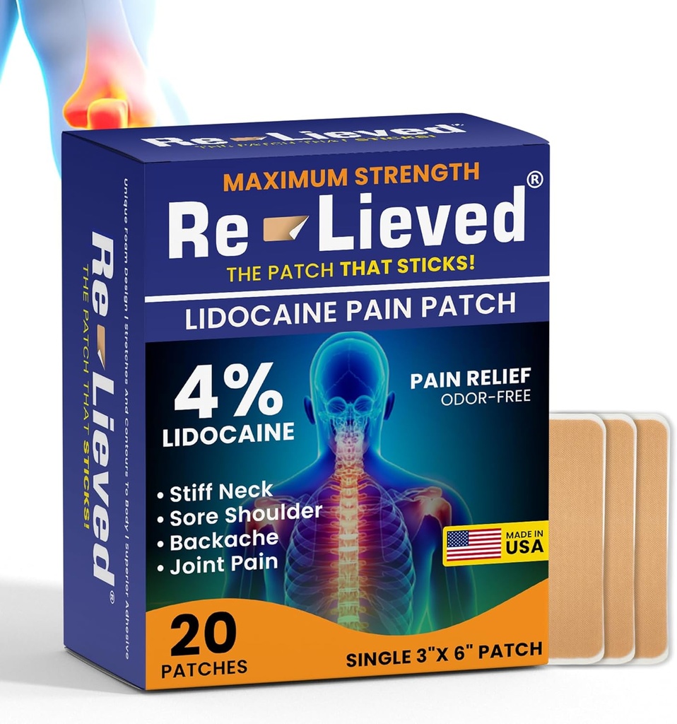 Re-Lieved 4% Lidoka Patches maksimum Güçlü - alüminyum-Free, Suya Dayanıklı ve ABD Made -Superior Sticking Pain Relief Patches fast Relieves Back, Commons and Muscle Pain-3x6 Inches (20 Count)