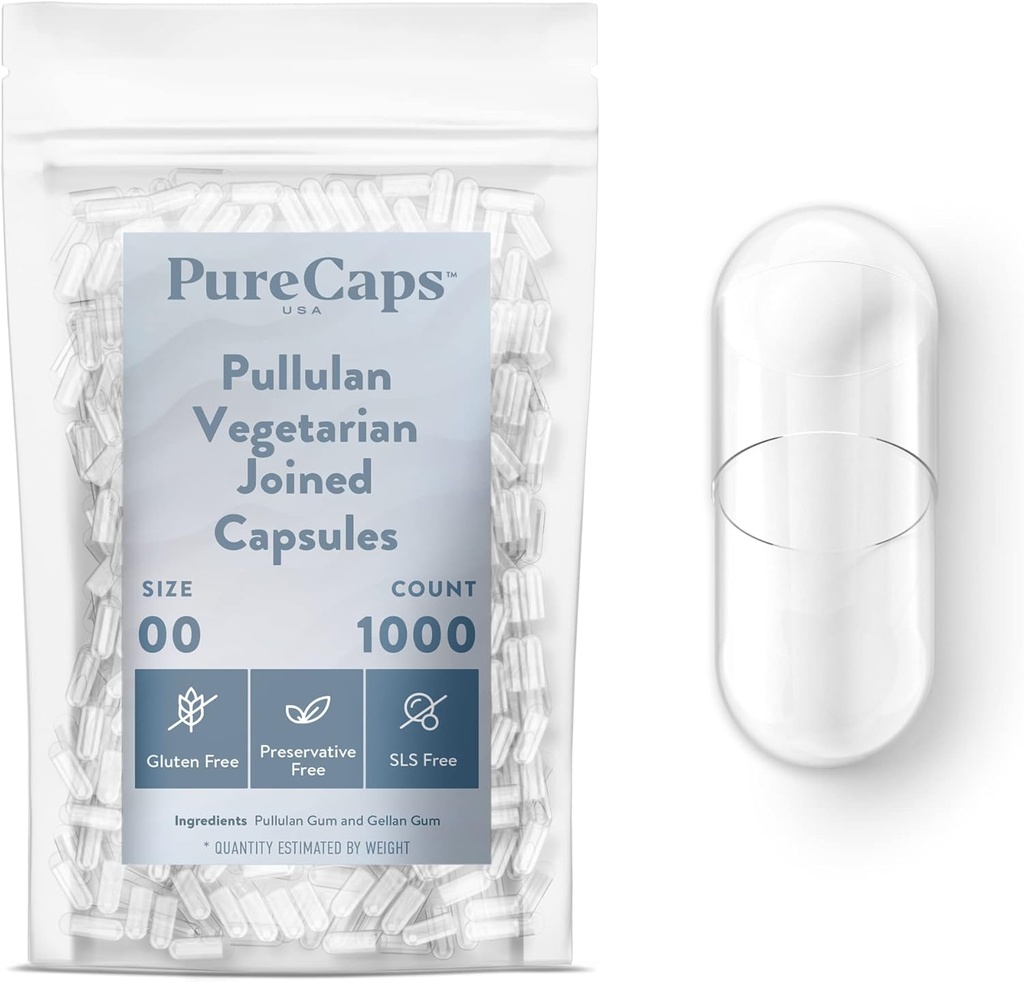 PureCaps USA - Boş Vejetaryen Vegan Pullulan Pill Capsules Boyutu 00 |1,000 Pills| Clear| Non-GMO sertifikalı | SLS, Gluten, Preservative Free Free