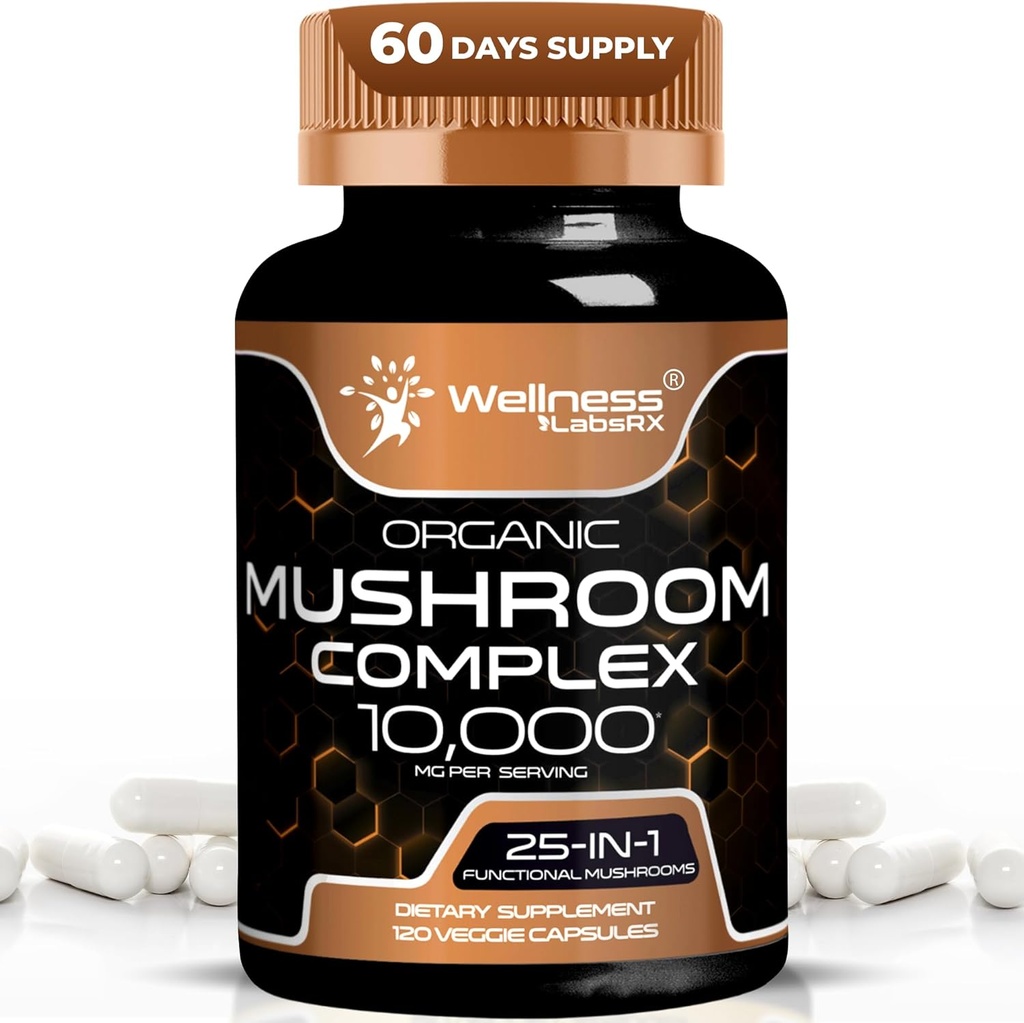 WELLNESS LABSRX Mushroom Supplement Capsules 10:1 Ekstraksiyon, Mushroom Complex Capsules 1000 mg, Lions Mane Supplement with Turkey Tail, Cordyceps, Reishi - Count 120