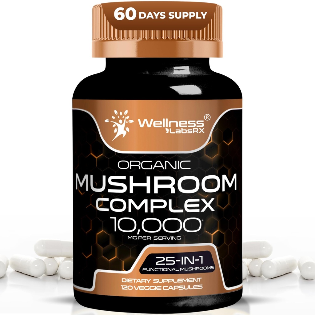 WELNESS LABSRX συμπλήρωμα μανιταριών κάψουλες 10:1 Extract, Mushroom Complex κάψουλες 1000mg, Lions Mane συμπλήρωμα με Turkey Tail, Cordyceps, Reishi - 120 Count