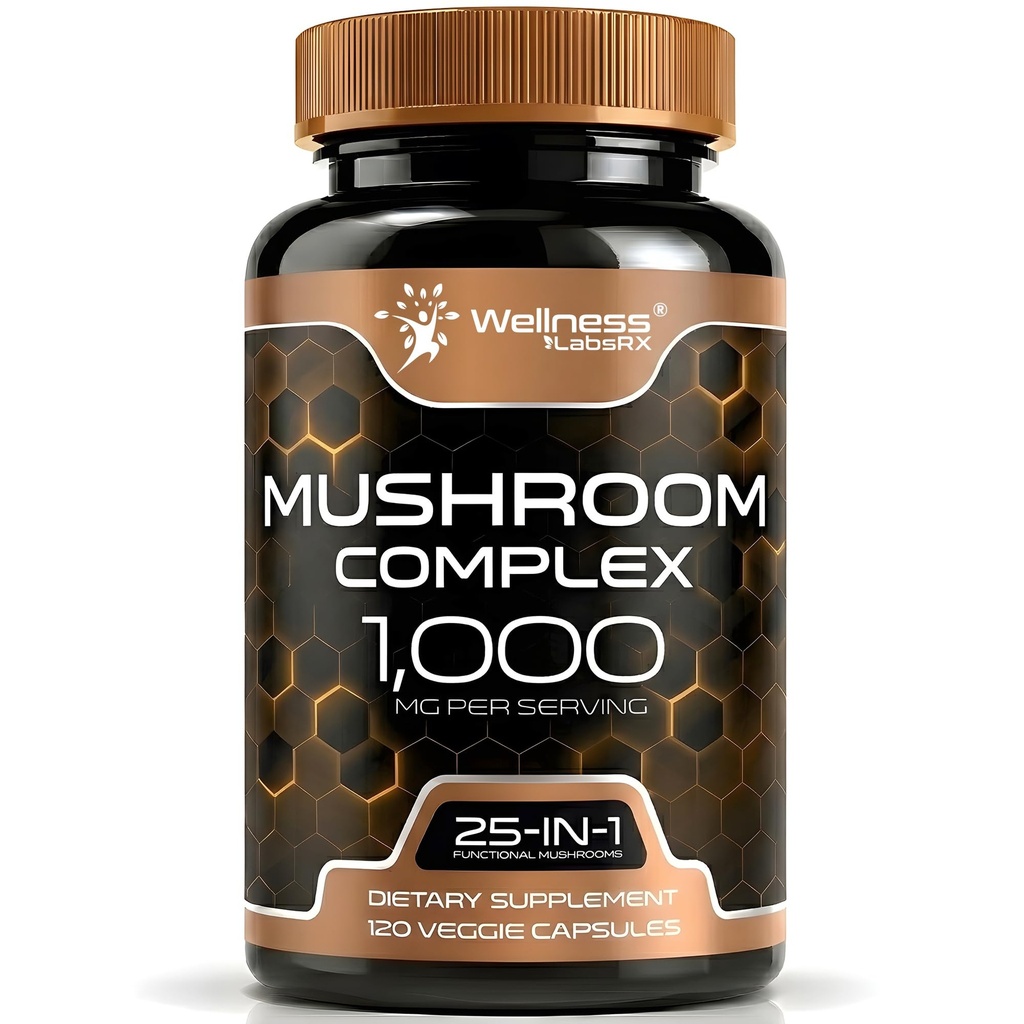 WELNESS LABSRX συμπλήρωμα μανιταριών κάψουλες 10:1 Extract, Mushroom Complex κάψουλες 1000mg, Lions Mane συμπλήρωμα με Turkey Tail, Cordyceps, Reishi - 120 Count
