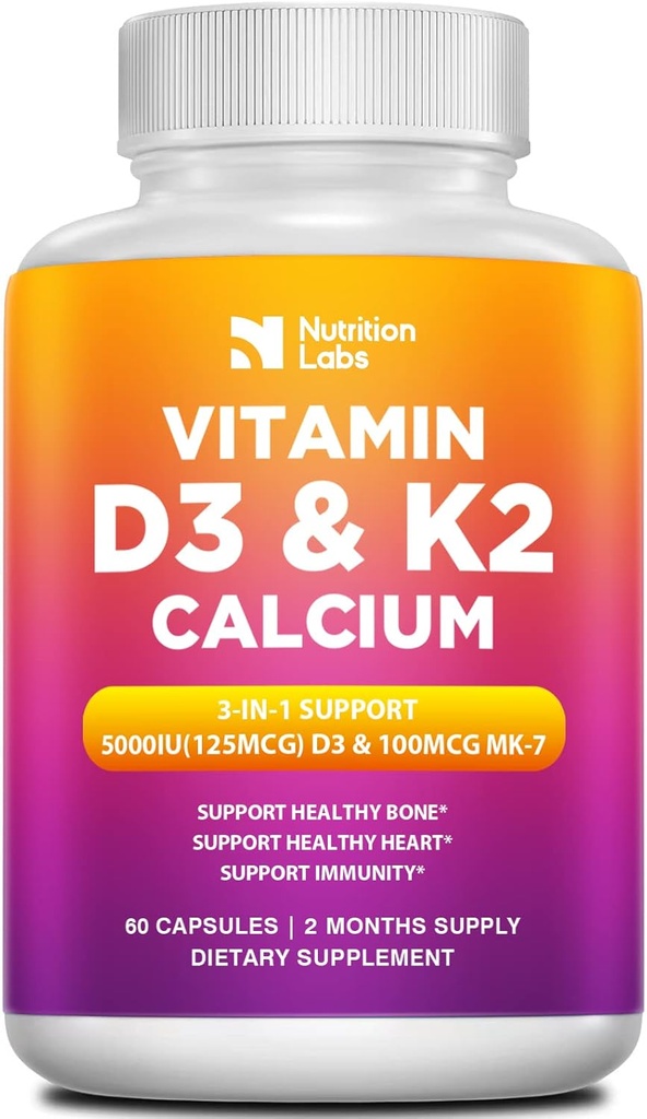 D3 K2 5000 İlikal, Multivitamins Immune Health, Güçlü Bones,Teeth & Heart Functions with Bioperine Black Pepper Fruit 60 Count (Pack of 1)
