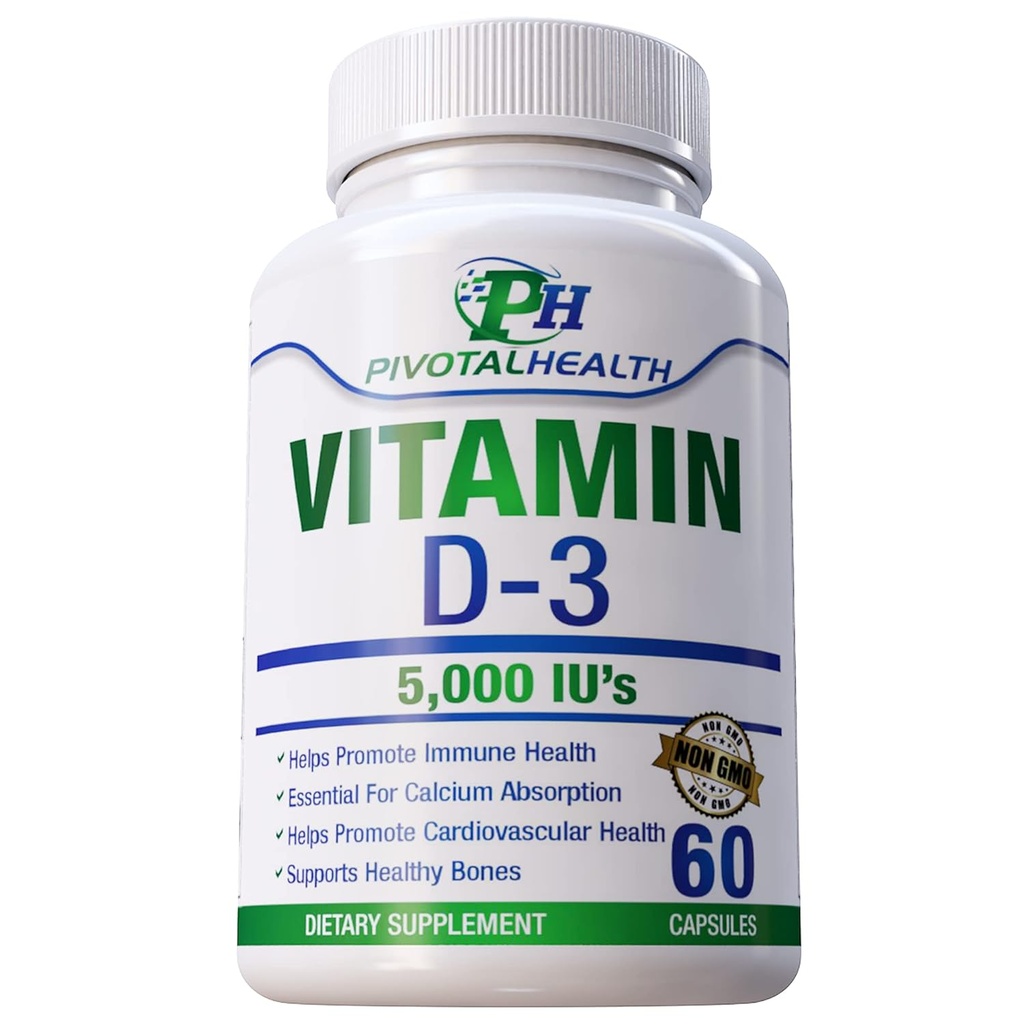 PIvotal Health Products: Βιταμίνη D3 5.000 IU's - 5.000 IU βιταμίνης D σε μορφή καψακίου. Εύκολο να καταπιείτε και λειτουργεί γρήγορα