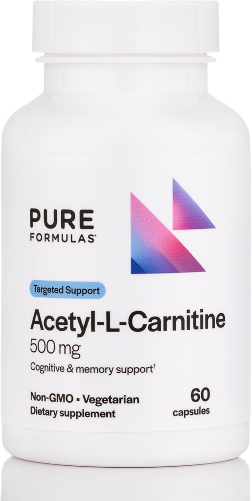 PureFormulas Acetyl L-Carnitine Cognitive & Memory Support L Carnitine Supplement for Brain, Focus, & Calmness Alcar, 500 mg Süt Free Non-GMO 60 Capsules