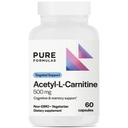 PureFormulas Acetyl L-Carnitine Cognitive & Memory Support L Carnitine Supplement for Brain, Focus, & Calmness Alcar, 500 mg Süt Free Non-GMO 60 Capsules