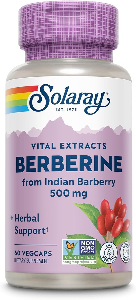 SOLARAY Berberine 500mg - Συμπλήρωμα Βερβερίνης για ένα υγιεινό, ενεργό τρόπο ζωής - με berberine HCl από την ινδική Barberry - Vegan, μη ΓΤΟ, 60 ημερών εγγύηση, Εργαστήριο Επαληθευμένο - 60 υπηρεσίες, 60 VegCaps