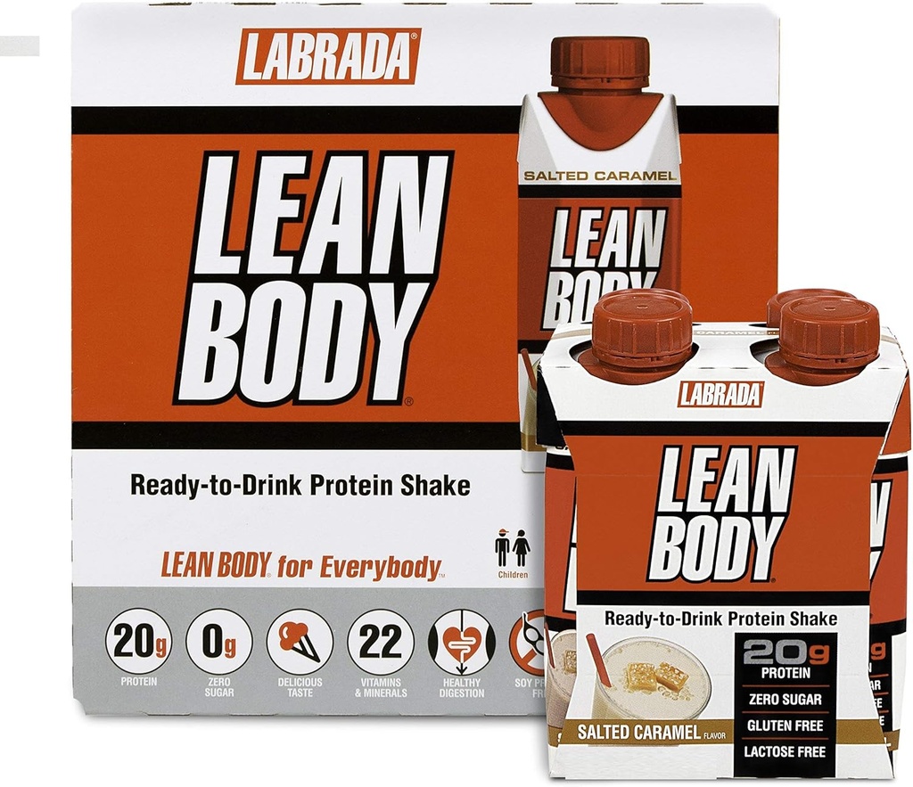 LABRADA NUTRITION - Lean Body RTD Whey Protein Shake, Convenient On-The-Go Meal Replacement Shake for Men & Women, 20 grams of Protein – Zero Sugar, Lactose & Gluten Free, Salted Caramel (Pack of 16)