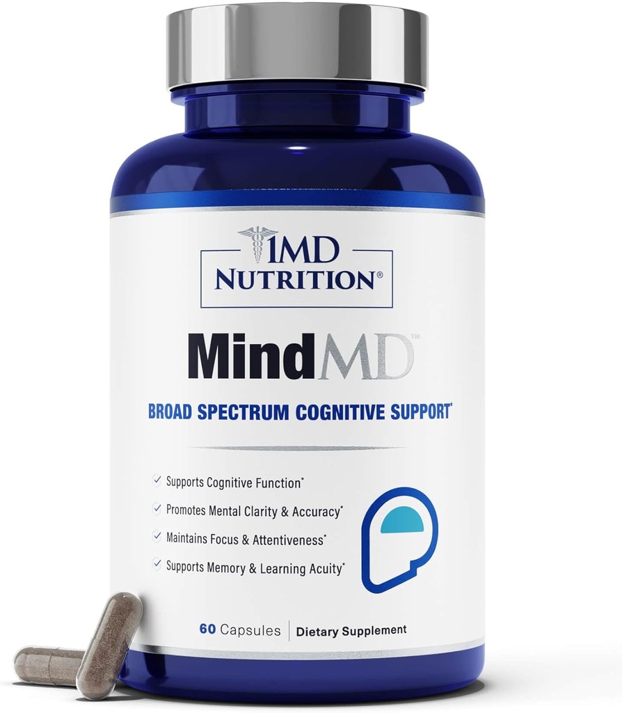 1MD Beslenme ZihinMD - Hafıza ve Odak için Beyin Tamamı - Nootropic Beyin Desteği için Bacopa Monnieri - Yetişkinler için Beyin Sağlığı Supplement - B6 & Yeşil Çay Ekstraksiyonu - 60 Caps