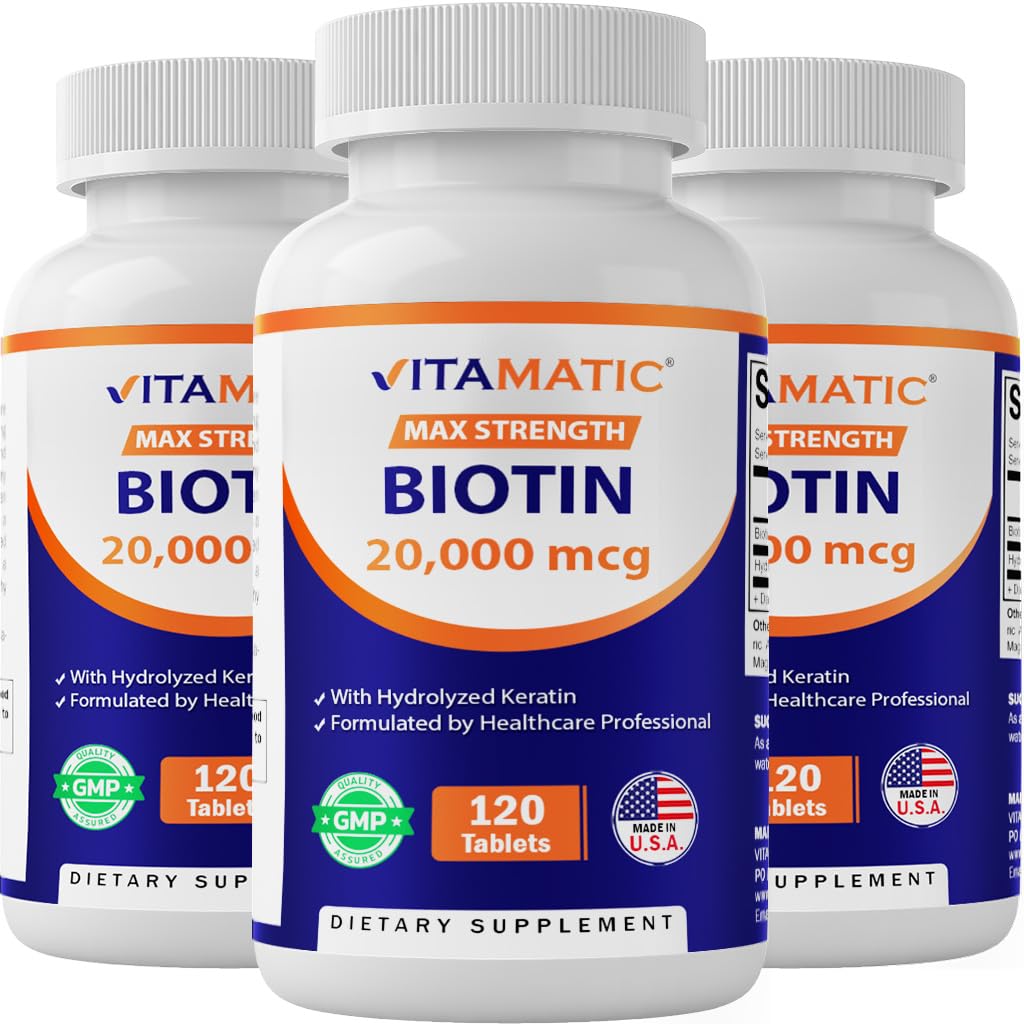 Vitamatic High Potency Biotin 20000 mcg (20mg) ile Keratin 100 mg - 120 Vejetaryen Tabletler - Yetişkinler için Biotin Supplements (120 Kont)
