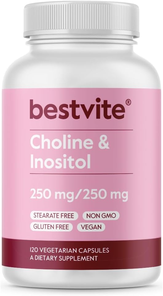 BESTVITE Choline Inositol 500 mg (120 Vegetarian Capsules) - No Stearates - No Fillers - No Dicalcium Phosphate - Vegan - Non GMO - Gluten Free