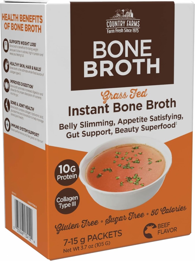 Χώρα Αγροκτήματα Skinny Broth, Στιγμιαίος Βοδινός Βρώμος, 10G Πρωτεΐνη, Κολλαγόνο Τύπος III, Προωθεί την καλύτερη πέψη, Υγεία των οστών, 7 Ημέρα Σχέδιο, 7-15g Πακέτα