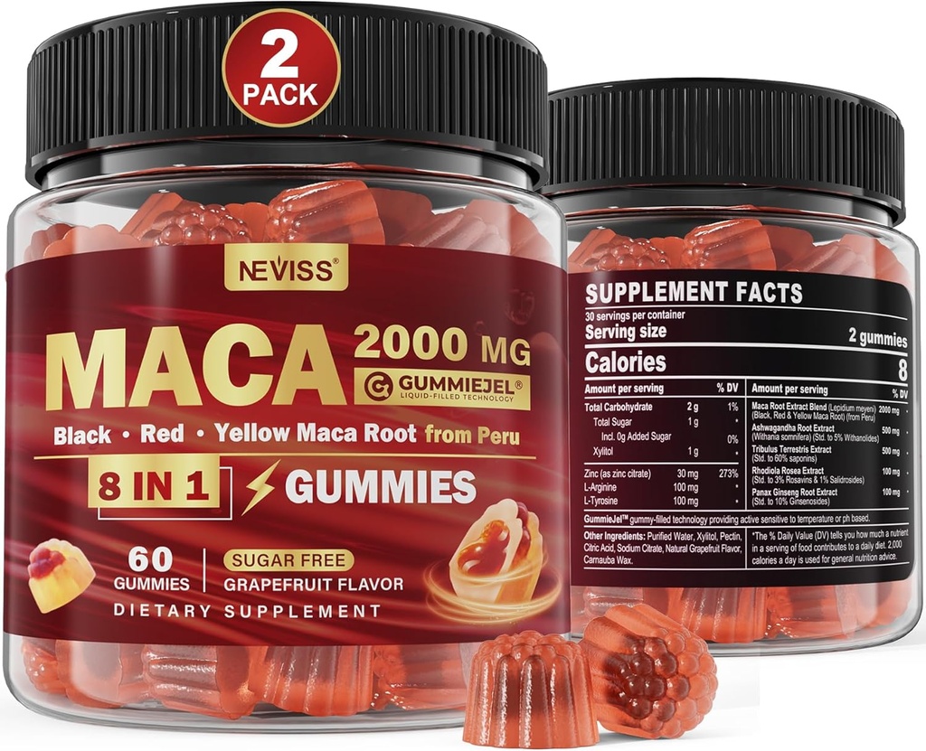 2 Pack Sugar Free Maca Root Gummies 2000mg with Ashwagandha, Tribulus Terrestris, Rhodiola, Panax Ginseng, L Arginine & L Tyrosine - Organik Siyah Kırmızı Sarı Maca Root for Women Men Energy Support