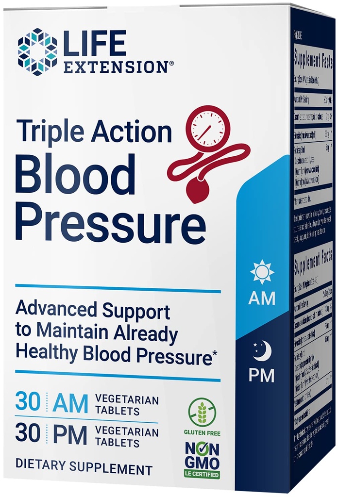 Life Extension Triple Action Blood Pressure, Heart Health Supplement, quercetin, stevia Extract, melatonin, Morning and Night Support, Gluten-Free, Non-GMO, Vegetarian, 60 Tabletler