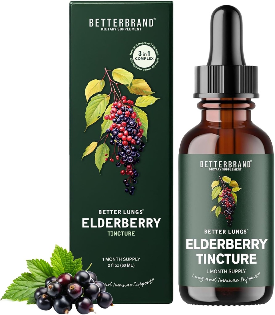 Betterbrand BetterLungs Elderberry Timcture Dietary Supplement - Όλα τα φυσικά χωρίς ζάχαρη χορτοφάγους μη ΓΤΟ για χειμερινή ανοσοποιητική υποστήριξη (30 ημέρα)