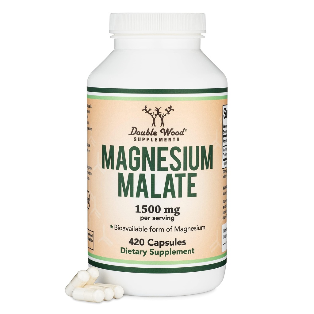 Magnezyum Malate Capsules (420 Kont) - 1.500 mg Oda başına (Magnesium Bonded to Malic Acid), Üçüncü Parti Test Edildi, Vegan Dostu, Gluten Free Tarafından Double Wood Supplements