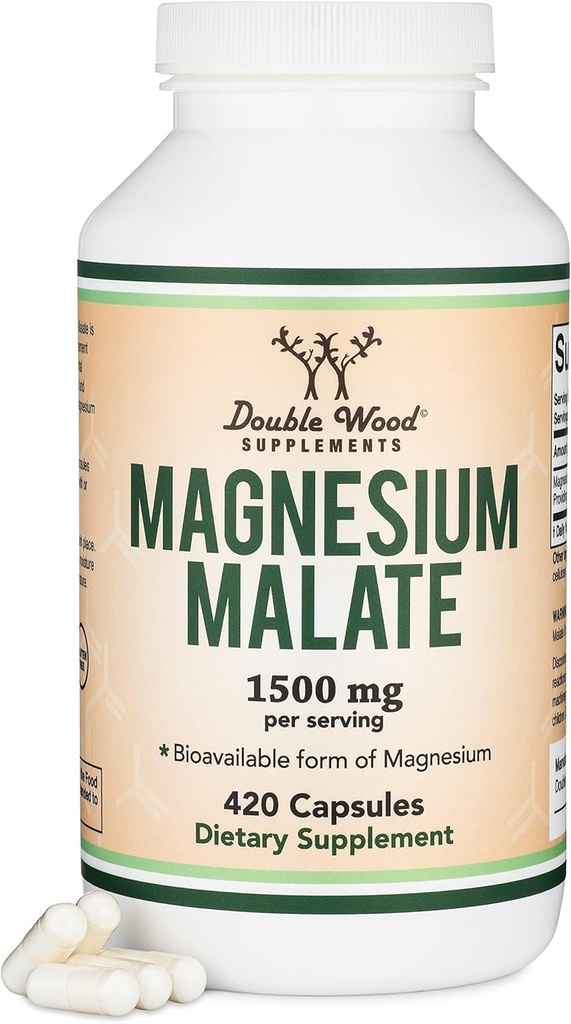 Magnezyum Malate Capsules (420 Kont) - 1.500 mg Oda başına (Magnesium Bonded to Malic Acid), Üçüncü Parti Test Edildi, Vegan Dostu, Gluten Free Tarafından Double Wood Supplements