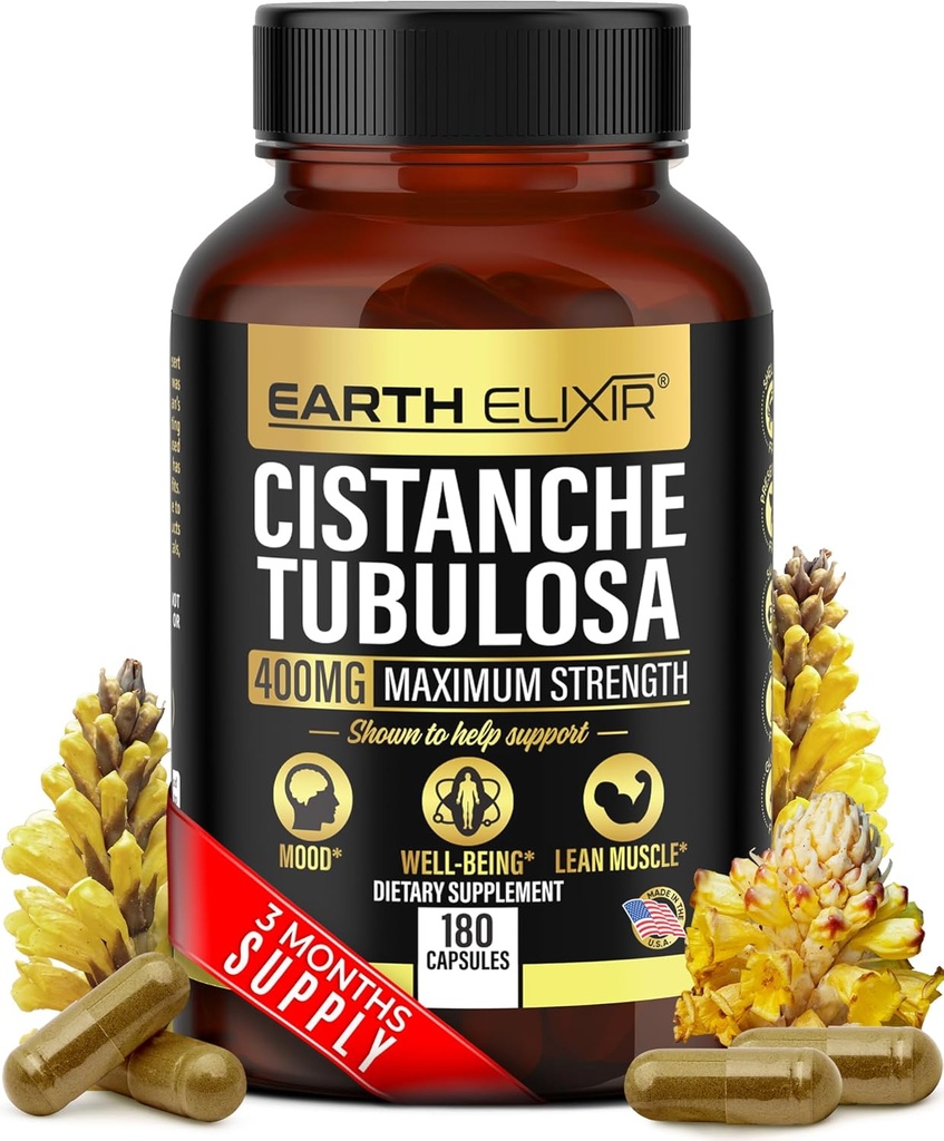 Earth Elixir Cistanche Tubulosa 400 mg (180 Κάψουλες) 3 Μήνες Προσφορά – Made in USA - 3rd Party Tested - Cistanche Supplement - Zero Fillers - Max Purity - Nootropics - 100% Pure Cistanche Herb