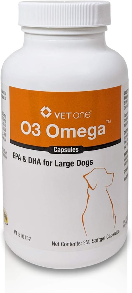 VetOne O3 Omega Soft Gel για μεγάλα σκυλιά - Απαραίτητη υποστήριξη λιπαρών οξέων - Συμπλήρωμα δέρματος & παλτό - 250 κάψουλες