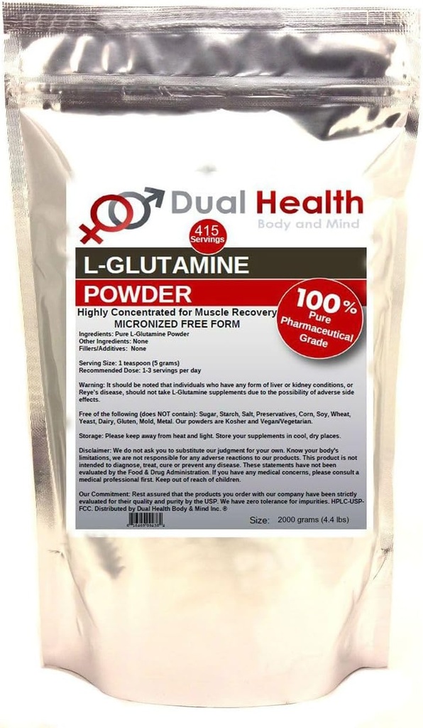 L-Γλουταμίνη (2kg - 2000g - 4.4 lbs) Pure Powder 5000mg Free Form Bulk Supplements, Made in USA, Immune Digestion GI Support Leaky Gut Health Muscle Energy Stamina Αντοχή