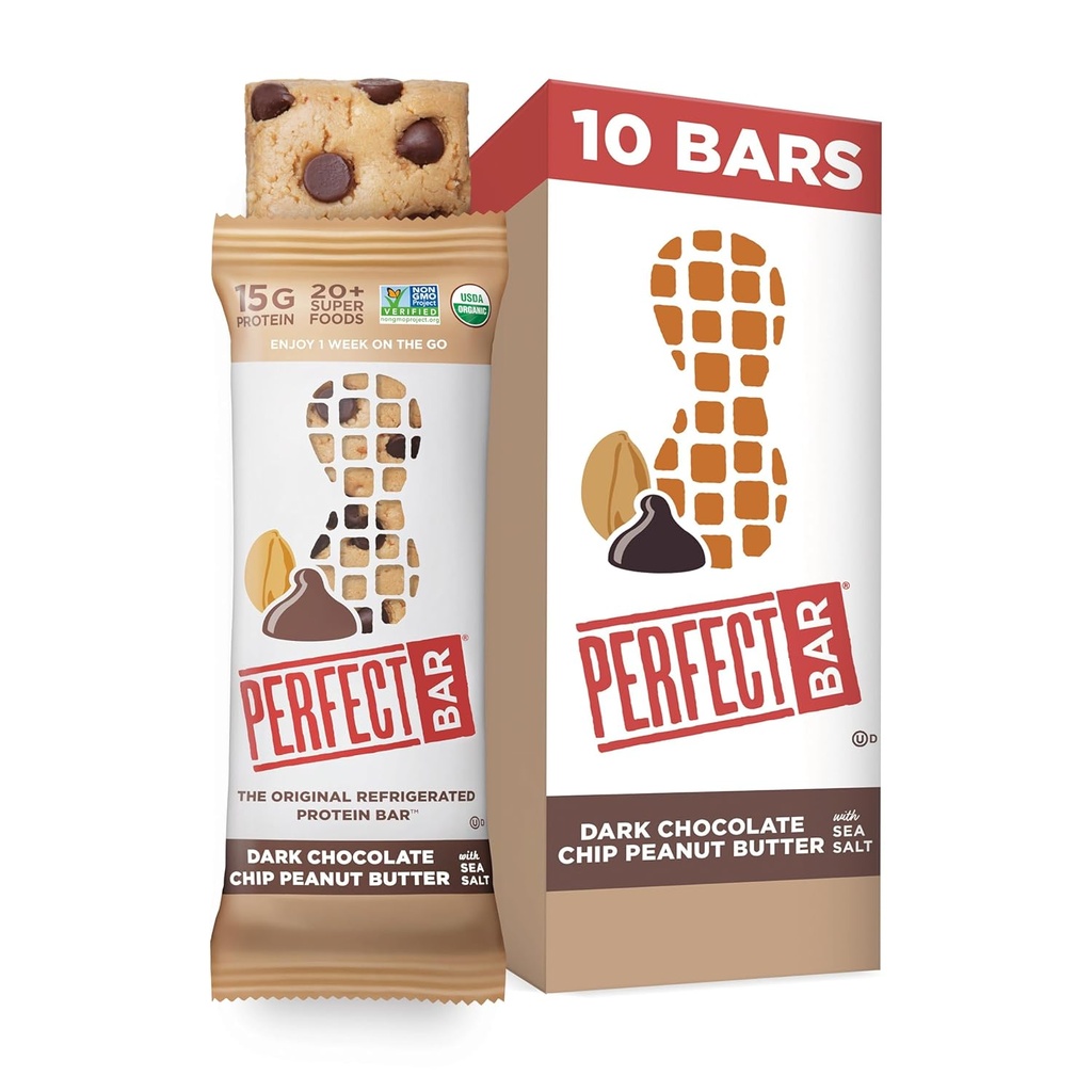 Mükemmel Bar, Dark Chocolate Chip Peanut Butter Protein Bar, Yüksek Protein, Organik, Gluten Free, Soy Free, Non GMO, No Sugar Alkols, 2.3 Ounce Bar, 10 Count