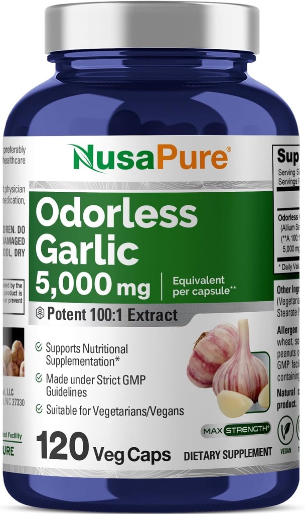 NusaPure Odorless Garlic 100:1 Ekstraksiyon, 50 mg 5000 mg Capsule | 120 Veggie Caps | Yüksek Potency | Herbal Supplement | Non-GMOMO