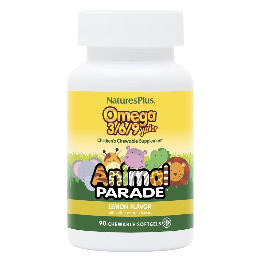 Natures Plus Animal Parade Omega 3/6/9 Junior, Lemon Flavor - 90 Softgels - Çocukları Immune, Skin, Eye & Nervous System Health - Non-GMO, Gluten Free - 45 Servisler