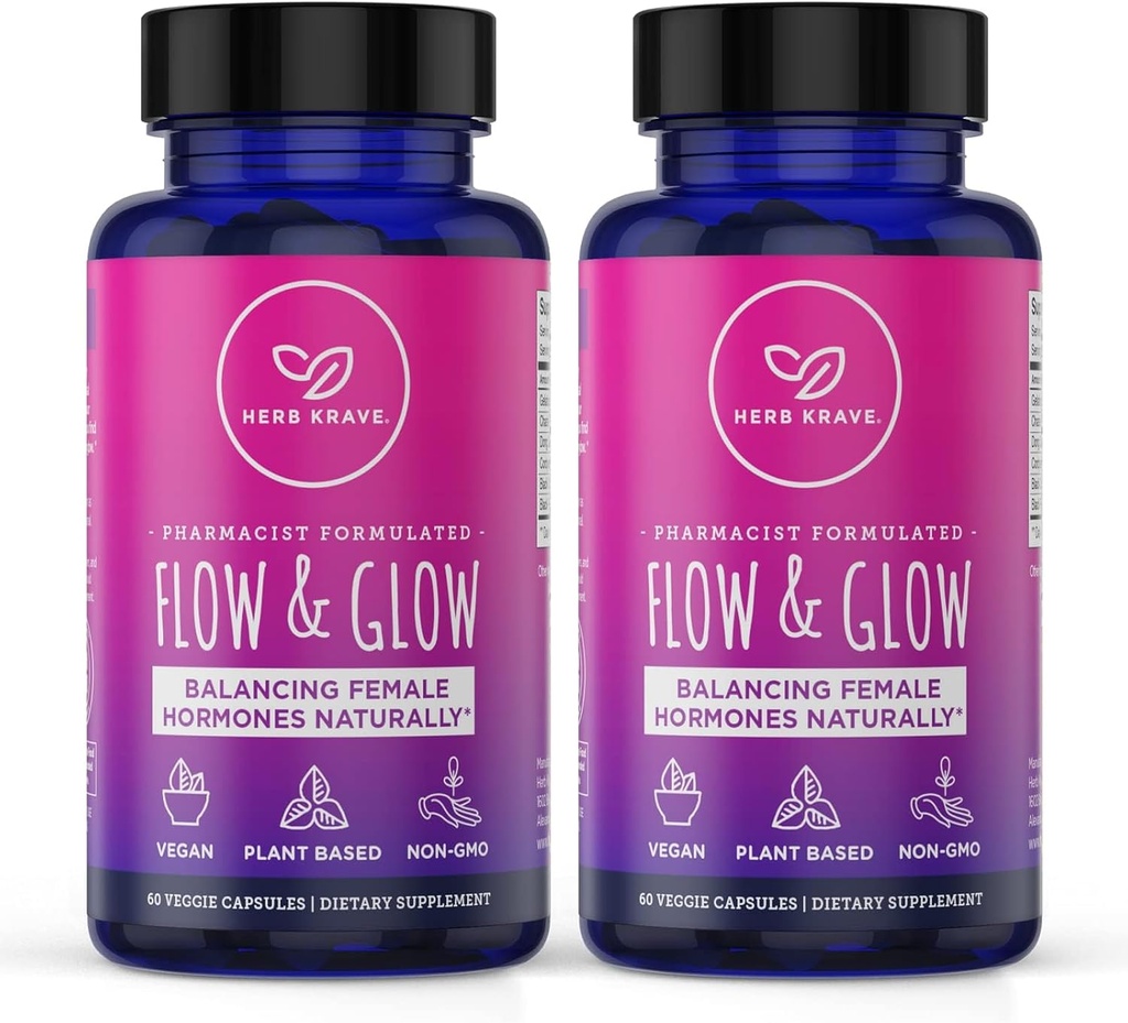 Flow and Glow Natural Hormone Balance for Women - PMS & Εμμηνόπαυση Relief for Cramps, Mood Swings & Night Sweats with Donq Quai & Black Cohosh for Menopause - 60 Vegan Caps (2 Pack)