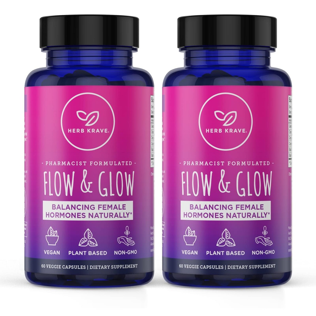 Kadınlar için Akış ve Glow Doğal Hormon Dengesi - PMS & Menopause Relief for Cramps, Mood Swings & Night Sweats with Donq Quai & Black Cohosh for Menopause - 60 Vegan Capsules (2 Pack)