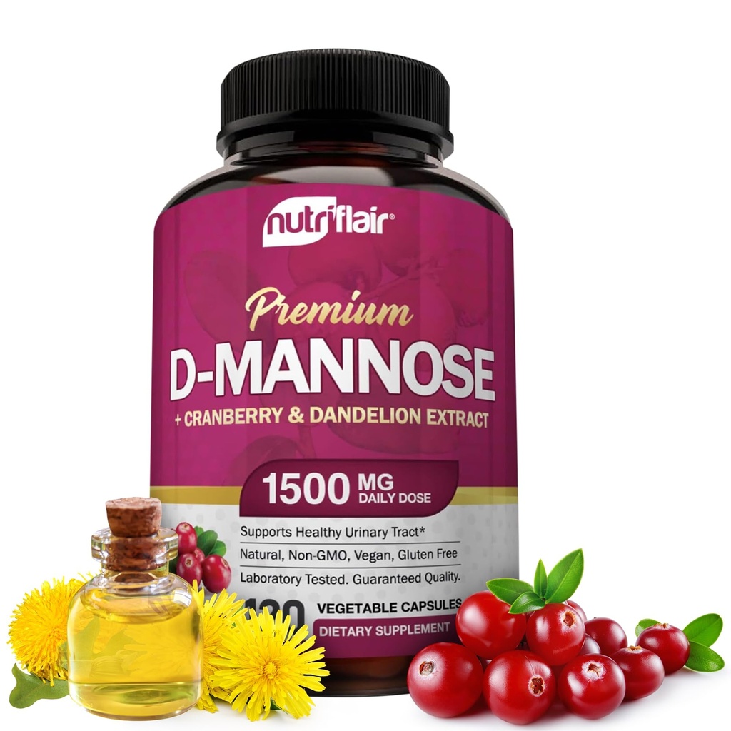 NutriFlair D-Mannose 1200 mg, 120 Capsules - Cranberry ve Dandelion Extract - Natural Urinary Tract Health UTI Support - Best D Mannose Toz - Flush Impurities, Detox Body, for Women and Men