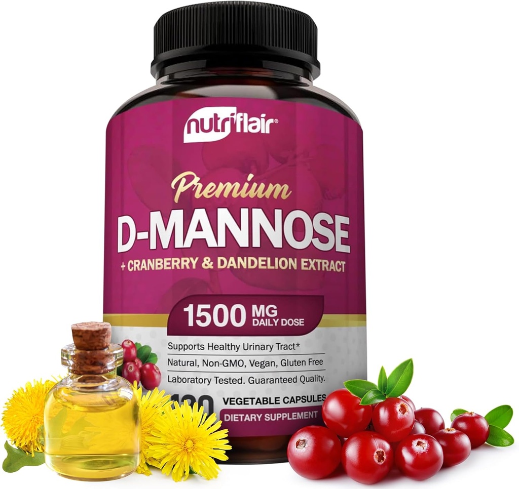 NutriFlair D-Mannose 1200mg, 120 κάψουλες - με εκχύλισμα βατόμουρου και δαντέλας - Φυσικό ουροποιητικό υλικό υγείας UTI - Best D Mannose σκόνη - Flush προσμείξεις, Detox σώμα, για γυναίκες και άνδρες
