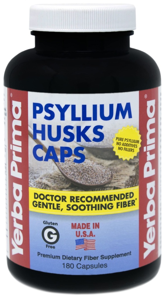Yerba Prima Psyllium Husks Caps Dietary Fiber 625 mg, 180 Κάψουλες - Συμπλήρωμα καθαρισμού του παχέος εντέρου - Υγεία των ούρων - Χωρίς γλουτένη μη ΓΤΟ