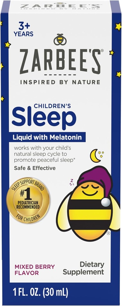 Zarbee's Kids Melatonin Sleep Supplement Liquid, 1mg Melatonin, Drug-Free & effective, 3 ve Up için Doğal Berry Flavor'u Kolay, 1 Fl Oz Şişe