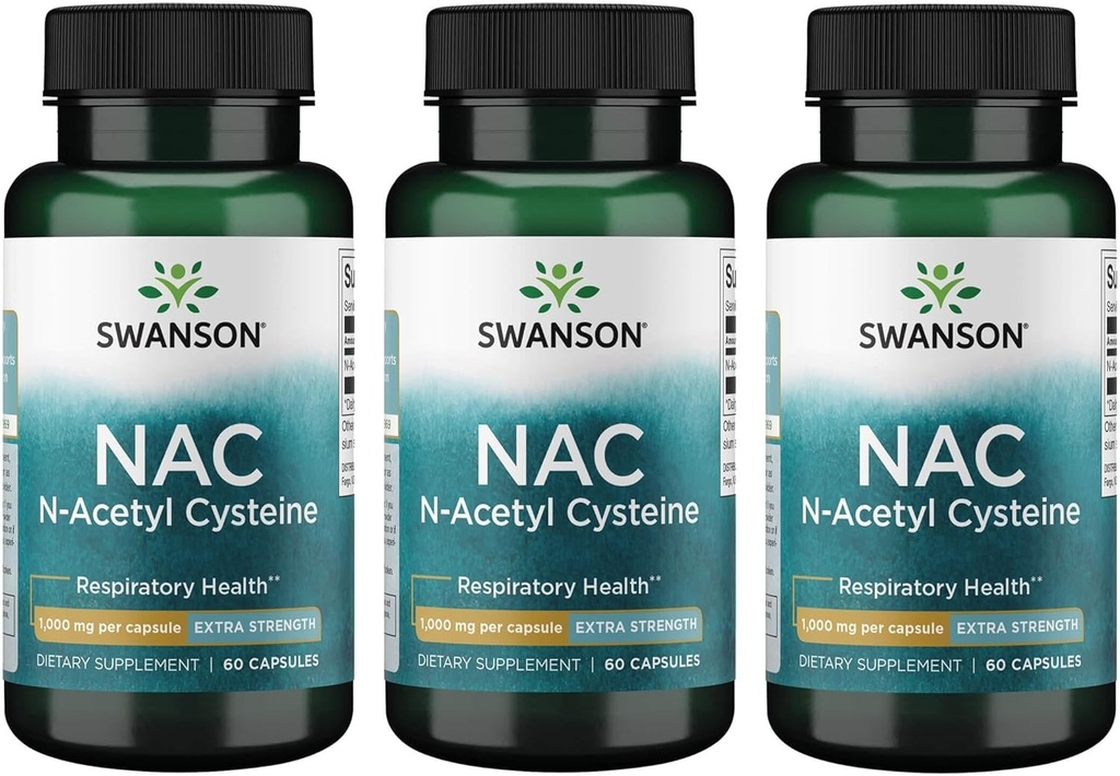 Swanson NAC N-Acetyl Cysteine - Antioksi Anti-Aging Respiratory Liver Support - Amino Asit Supplement 1000 mg 60 Capsules (3 Pack)