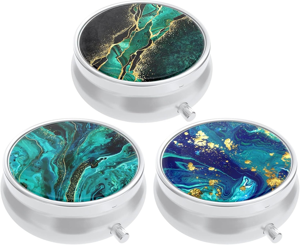 3 Pack Pill Box, Purse & Pocket için Küçük Pill Case, Cute Medicine Organizer Travel Pillbox, Portreatif Pill Konteynerleri Vitaminler, İlaçlar, Fish Oil & Supplements, Teal Ocean Mermer