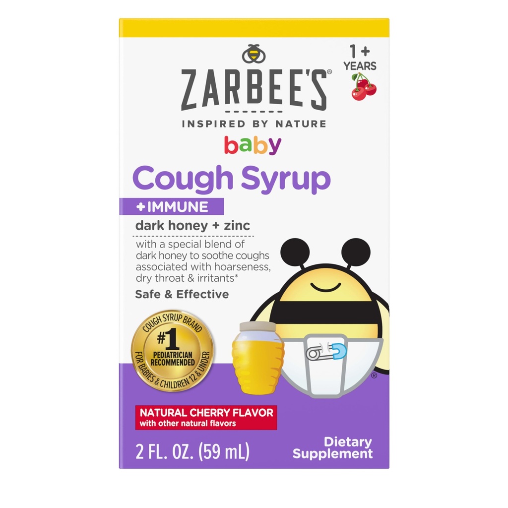 Zarbee's Baby Honey Cough Syrup + Immune for Bebekler 12-24 Ay, Güvenli ve Etkili Cough Syrup with Soothing Dark Honey & çinko for Immune Support*, Drug & Alkol-Free, Cherry, 2 fl. oz oz