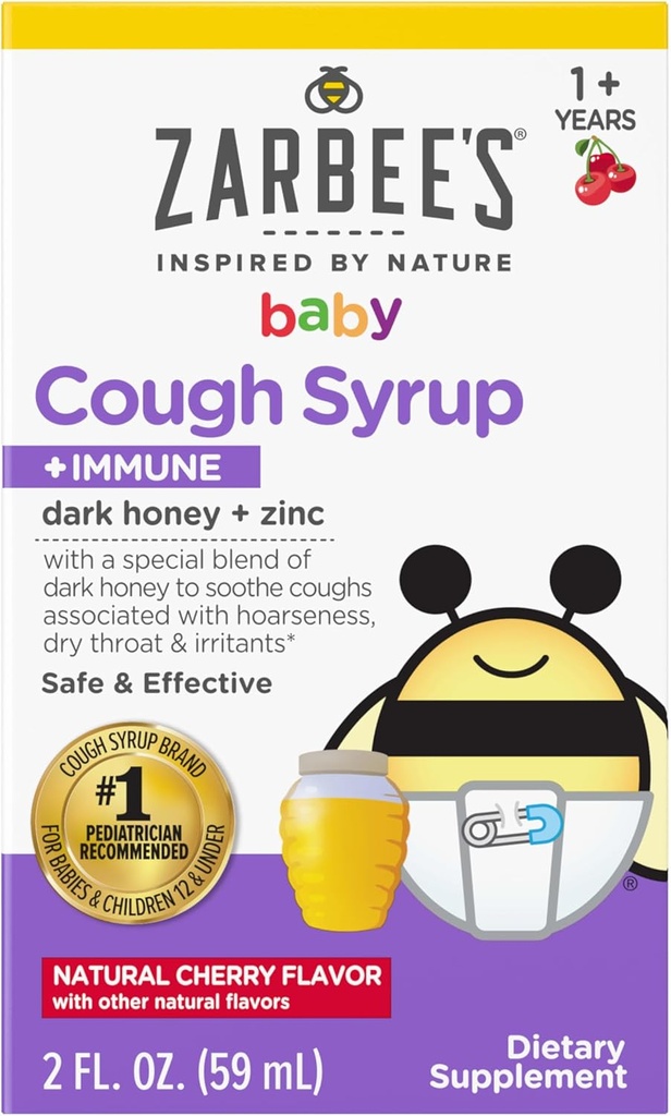 Zarbee's Baby Honey Cough Syrup + Immune for Bebekler 12-24 Ay, Güvenli ve Etkili Cough Syrup with Soothing Dark Honey & çinko for Immune Support*, Drug & Alkol-Free, Cherry, 2 fl. oz oz