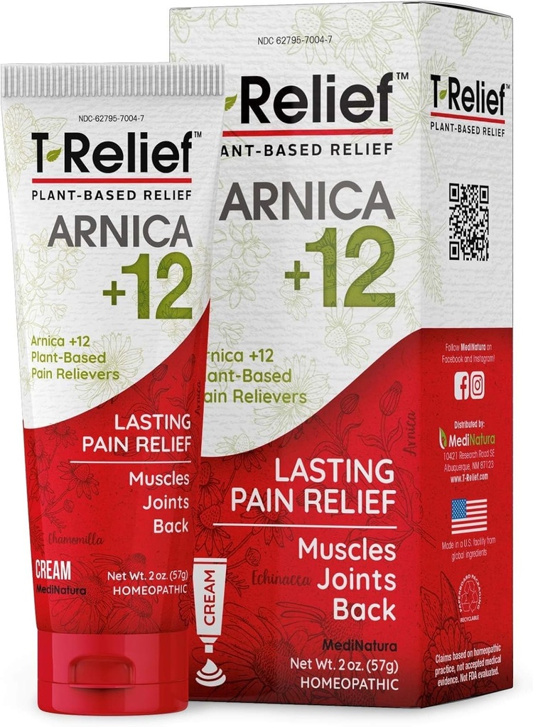T-Relief Arnica +12 Cream Natural Relieving Actives for Back Pain Common Soreness Muscle Aches & Stiffness Whole Body Fast-Acting Relief for Women & Men - 2 oz