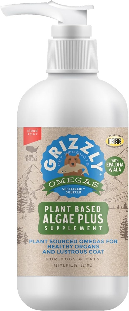 Grizzly Pet Products Algal Plus Omega 3-6-9 Köpekler ve Kediler için Gıda Supplement, 8 Ounce Şişe