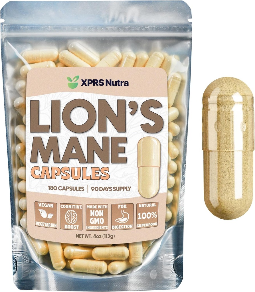 XPRS Nutra Organic Lions Mane Supplement Capsules - 180 Count (90 Day Supply) του Premium Lion's Mane Mushroom Capsules for Mental Clarity, Cognition and Immunity Lions Mane Powder Caps