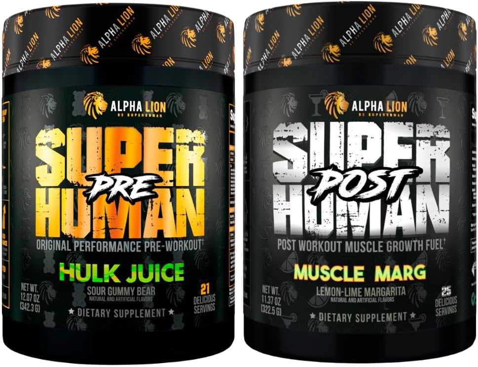 ALPHA LION Superhuman Pre Workout Toz & Post Workout Recovery Sche, Sustained Energy & Focus + Lean Muscle Growth, Strength & Volume (Hulk Juice & Muscle Marg Marg