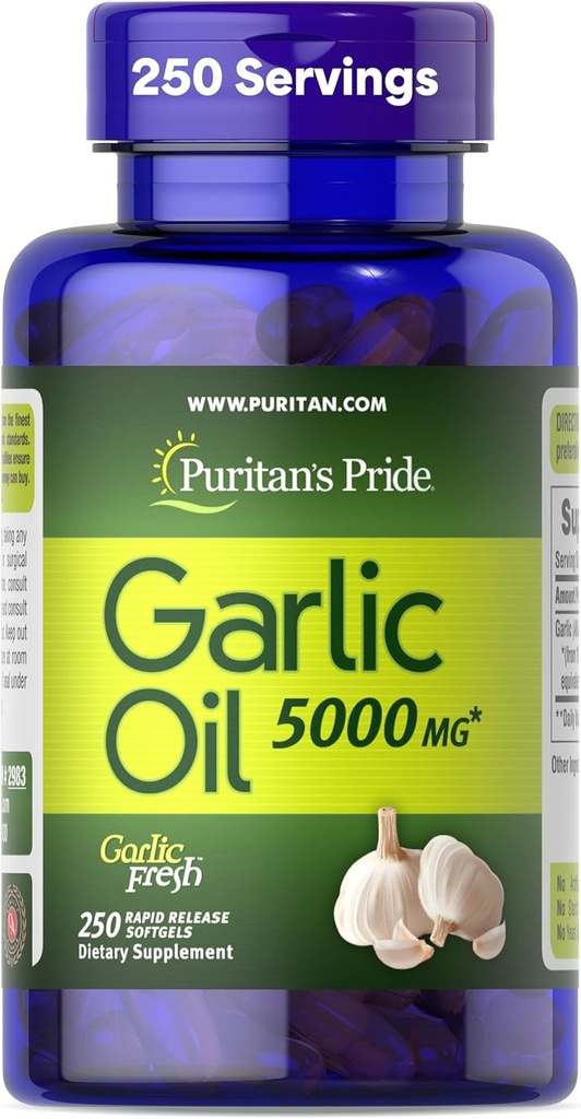 Puritan's Pride Premium Σκόρδο Φρέσκο 5000mg, Παραδοσιακό συμπλήρωμα διατροφής για την υποστήριξη της υγείας της καρδιάς και της κυκλοφορίας με αντιοξειδωτικές ιδιότητες, 250 Rapid Release Softgels