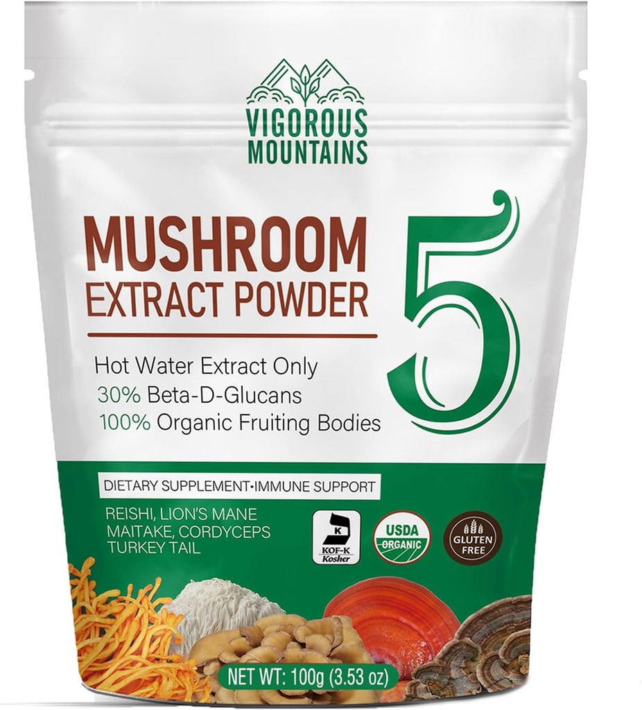 VIGOROUS MOUNTAINS Organik Mushroom Toz Supplement - USDA Sertifikalı, Lions Mane & Reishi for Immune Support, Brain Focus, Vegan, Kahve ve Smoothies (100g) Anında Mixes