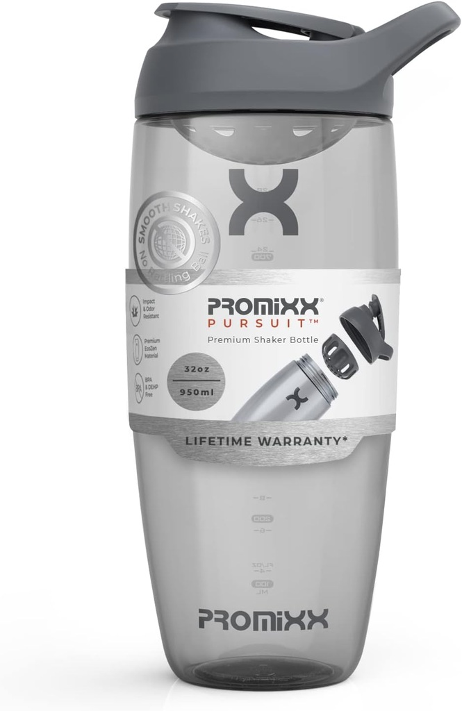 Promixx Pursuit protein Shaker Şişe (32 oz) – Silent No-Ball Mikser, Leak-Proof Lid, BPA/BPS & Phthalate-Free ECOZEN – Easy-Clean Shaker Cup for Protein Shakes, Pre & Post-Workout Smoothies